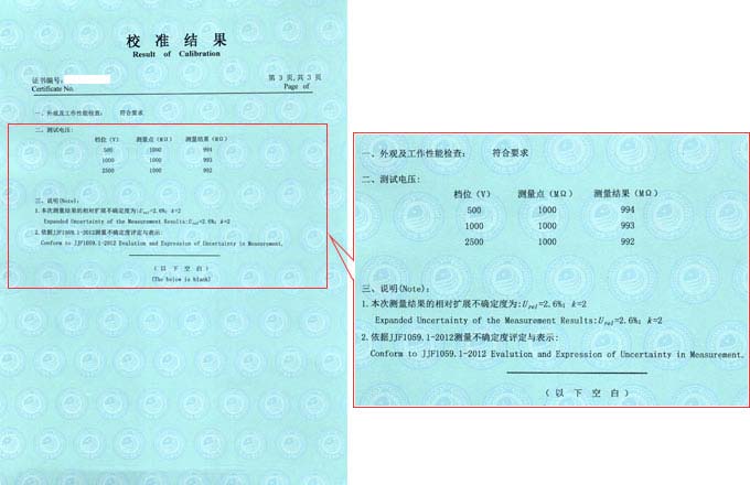 绝缘电阻测试仪校准证书结果页图片