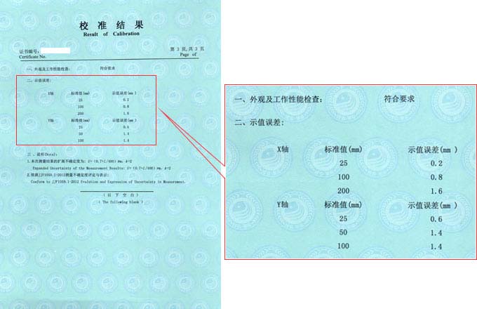 万能工具显微镜校准证书结果页图片