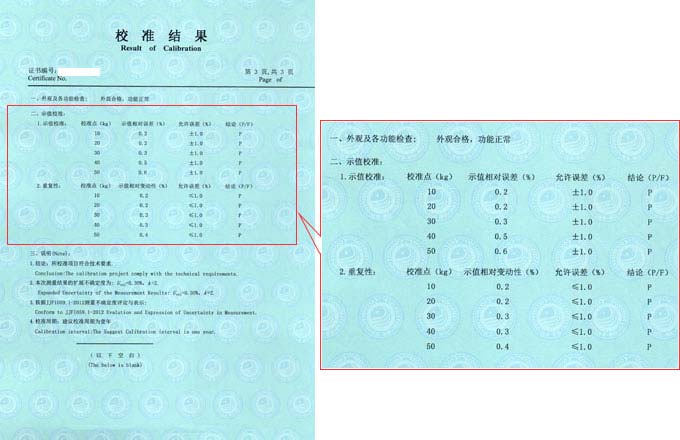 拉力试验机校准证书结果页图片