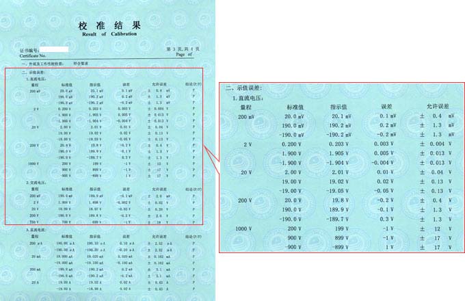 万用表校准证书结果页图片