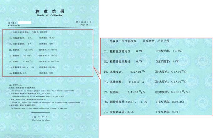 气相色谱仪校准证书结果页图片